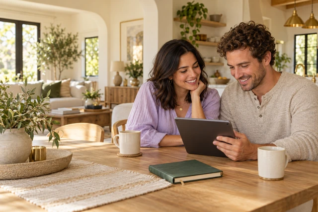 A couple preparing for their home purchase together at a sunny kitchen table