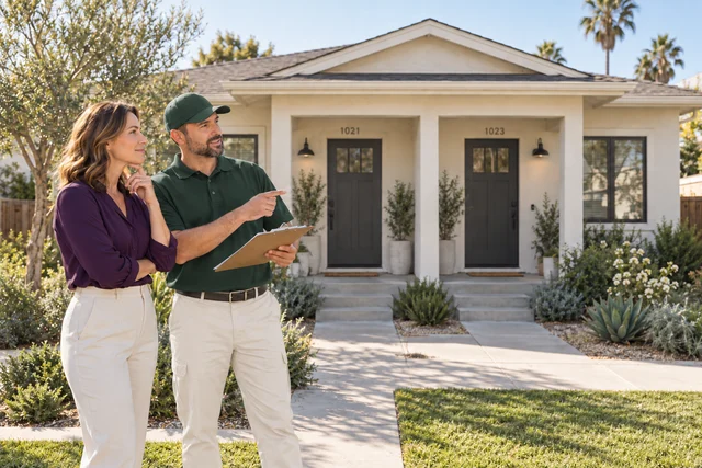 An investor and property manager reviewing a duplex rental property